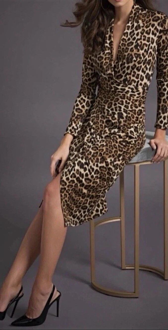 Joseph Ribkoff Leopard Print Sheath Dress V-Neck Ruched Midi Long Sleeve Size 8